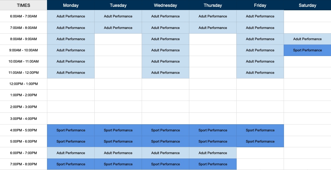 Performance Training Schedule - Impact Athletic Center